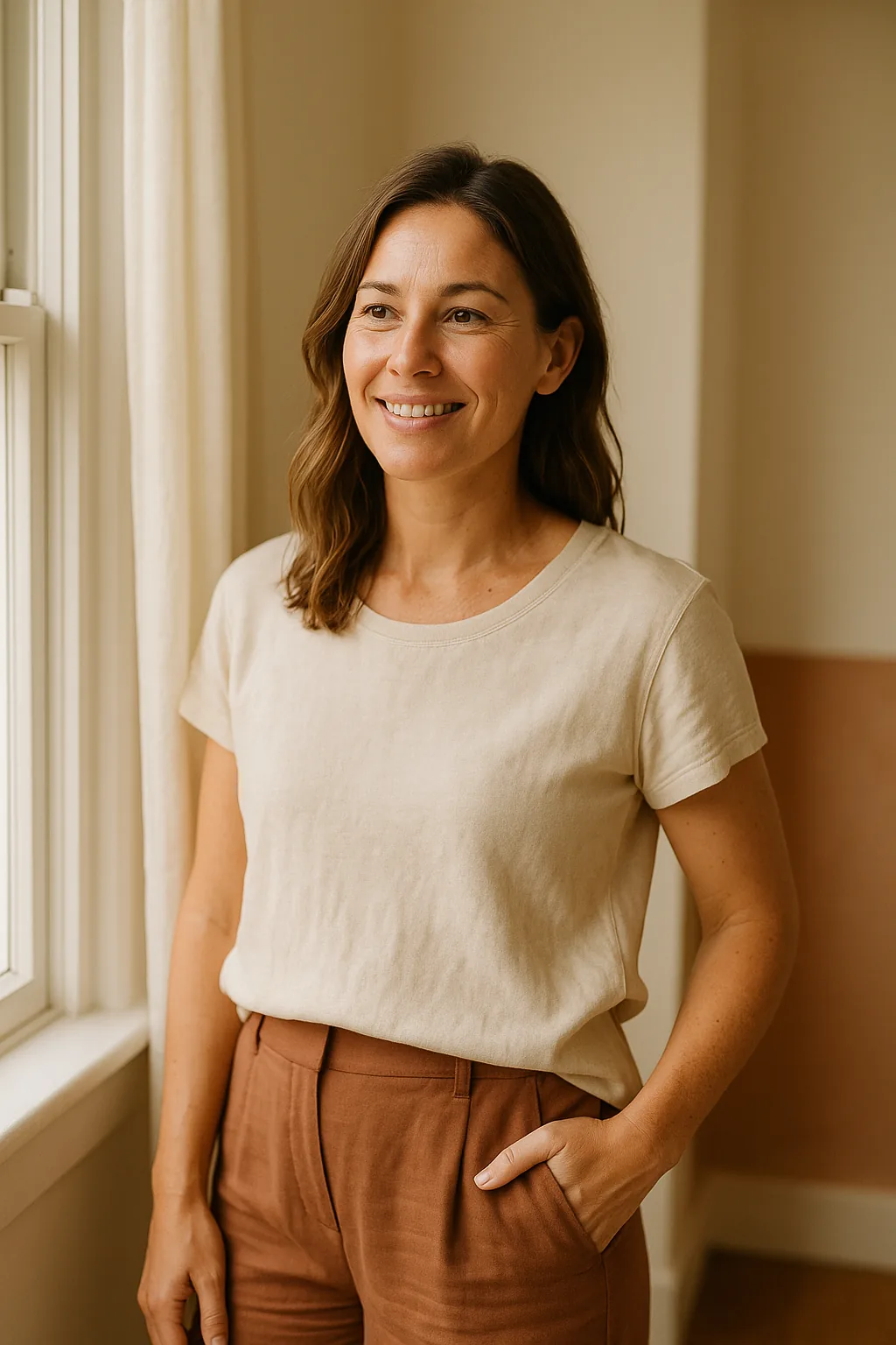 A woman in soft natural light, calm and confident