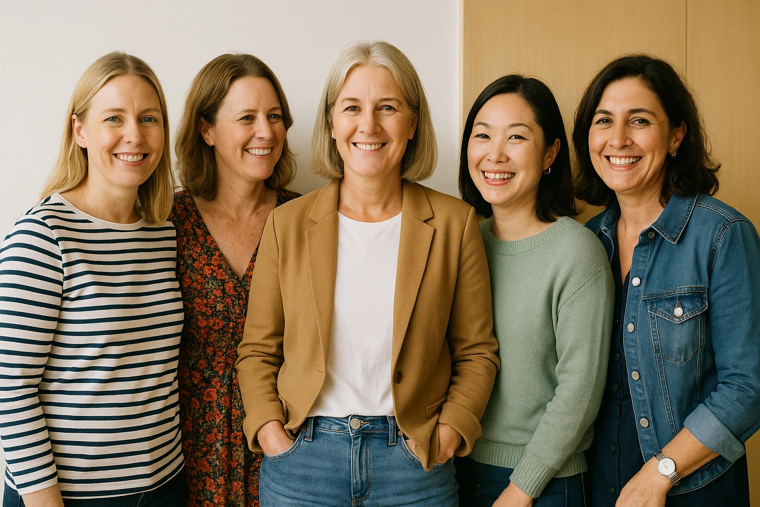 Five women of different ages standing together, smiling, in bright natural light