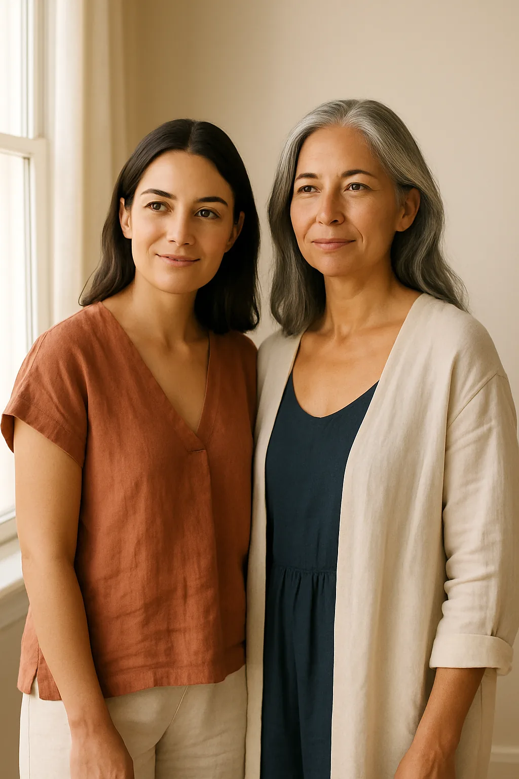 Two women of different ages standing together in soft natural light