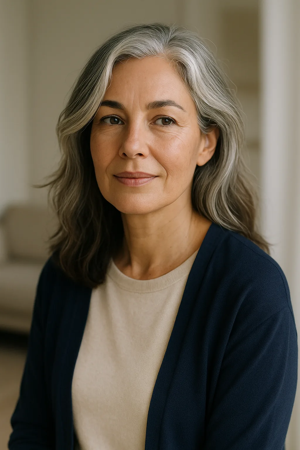 A woman in her fifties in soft natural light, calm and confident